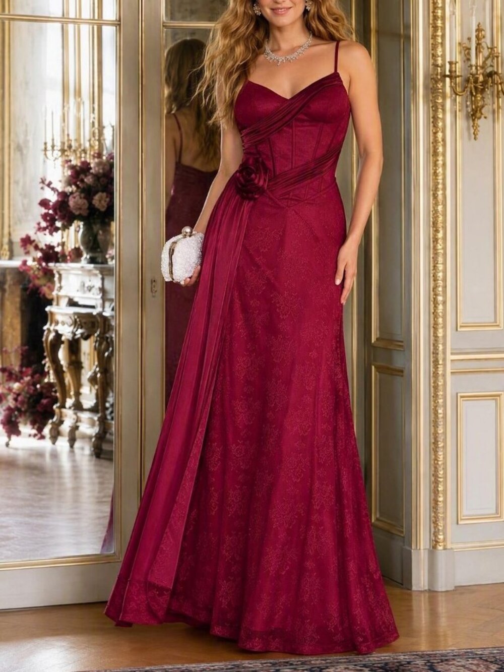 Burgundy Elegant Women's Lace Maxi Dress